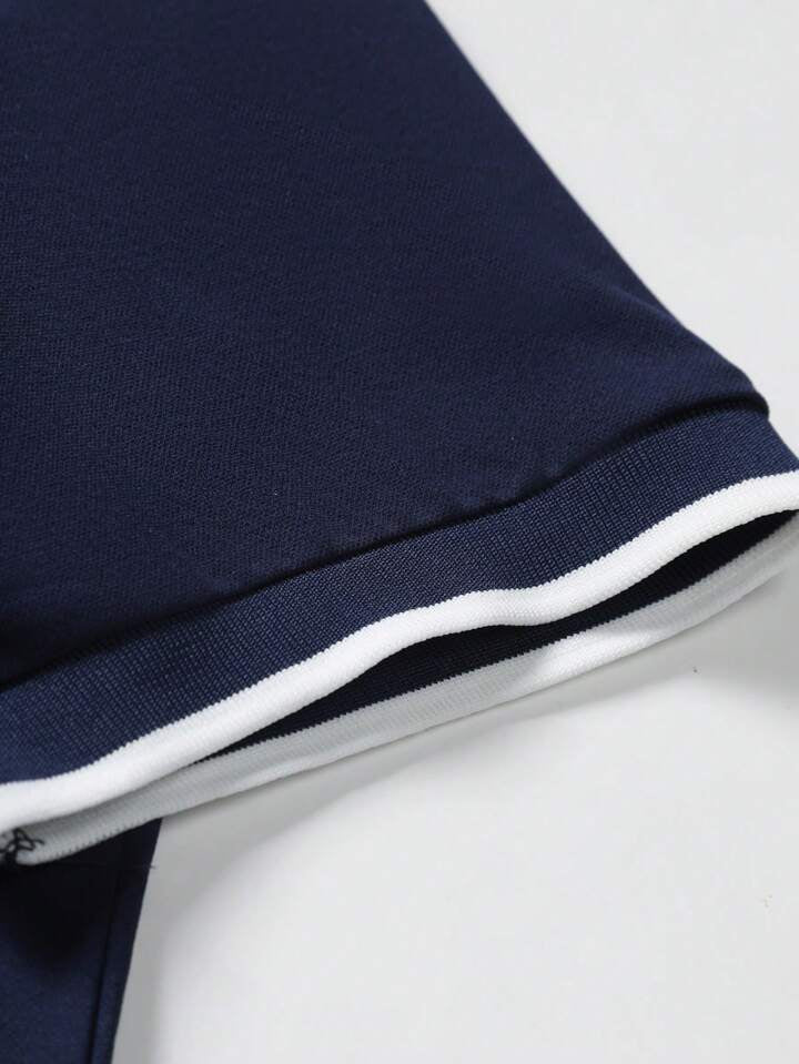 Knitted zip blue polo shirt with white tipping