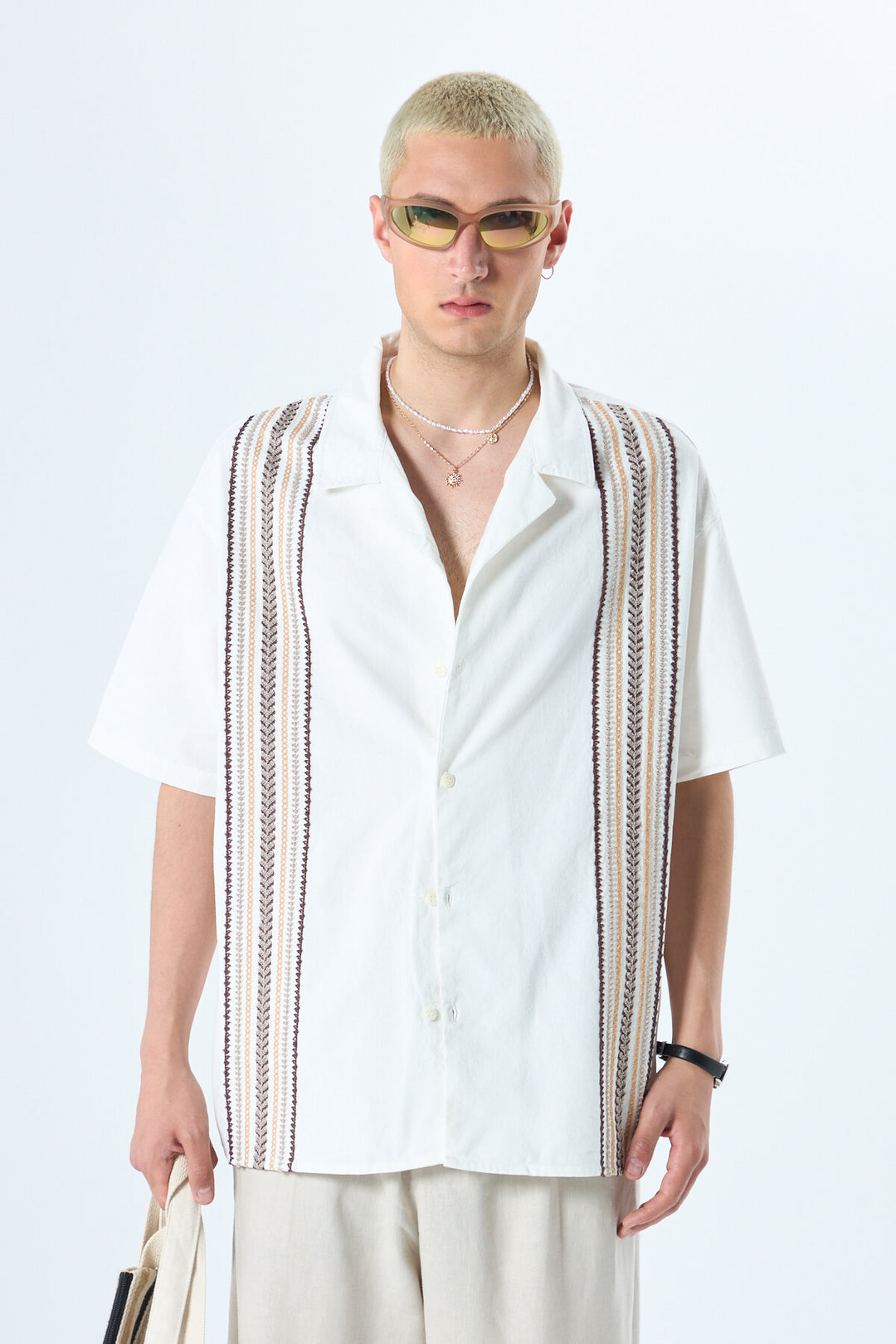 VAMOS EMBROIDERY DETAILED POCKETLESS SHORT SLEEVE OVERSIZE LINEN SHIRT WHITE