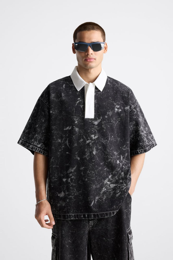 ZARA ACID WASH DENIM POLO SHIRT