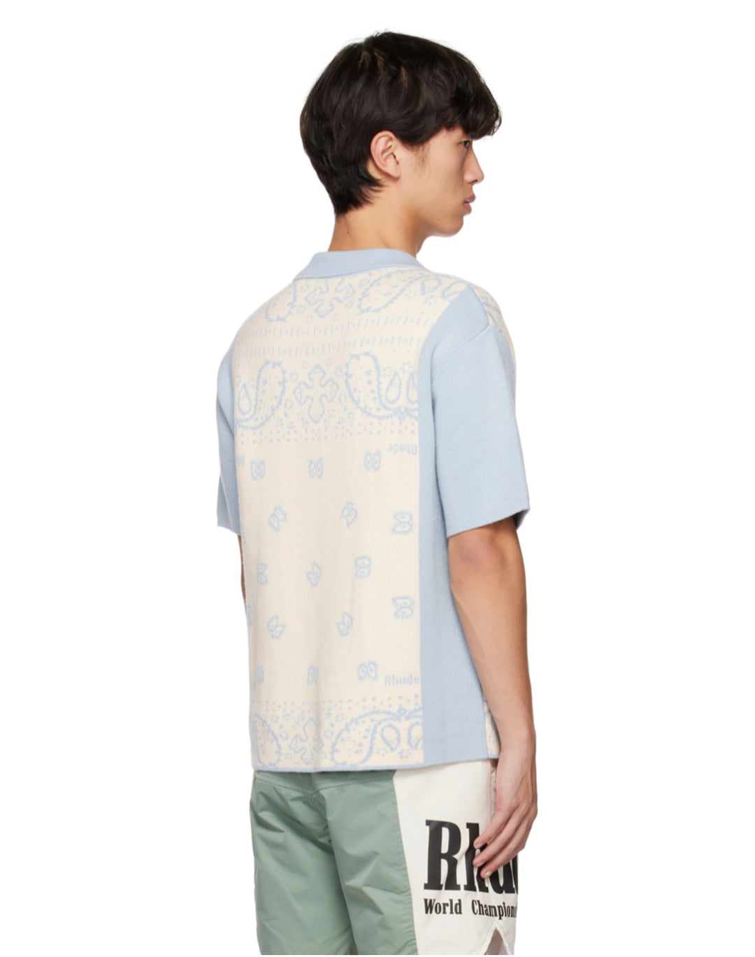 RHUDE BANCO KNIT SHIRT IN BLUE AND WHITE