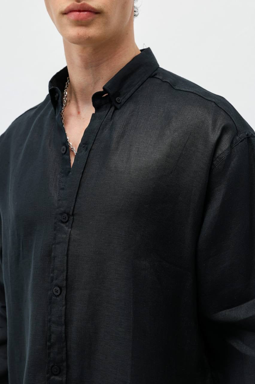 Vamos 100% Linen Oxford Shirt in black