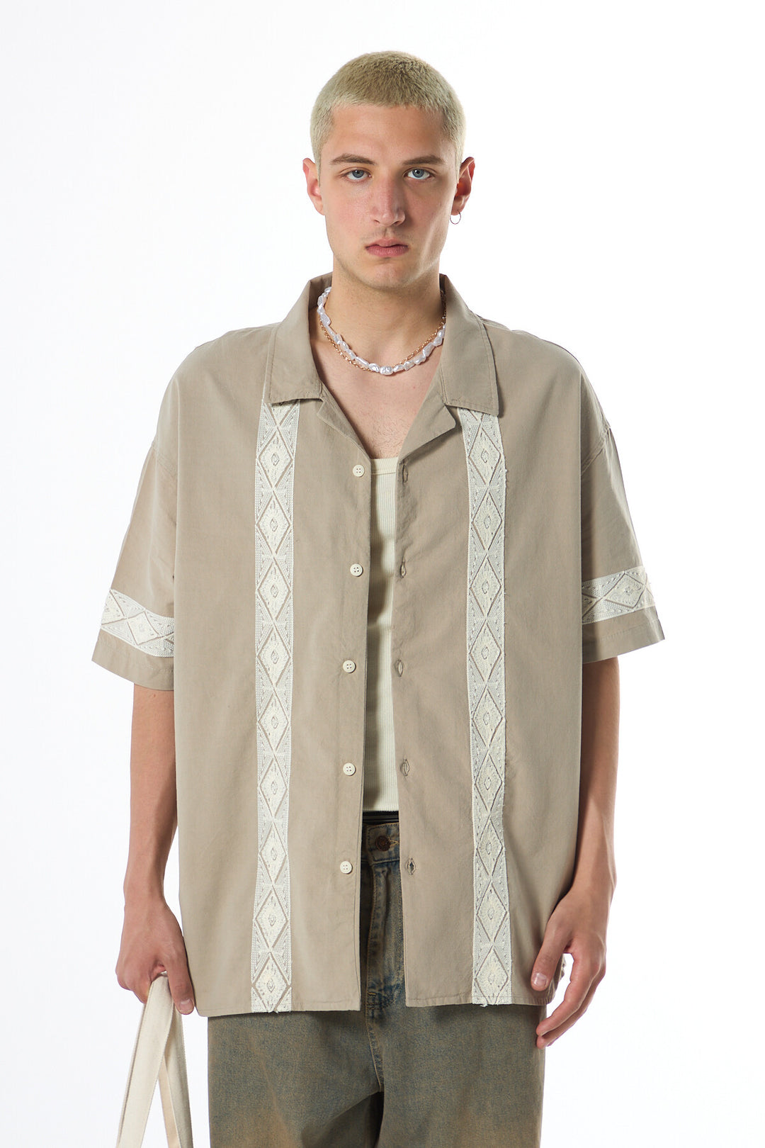 Vamos Embroidered Detailed Oversized Linen Shirt in Mink