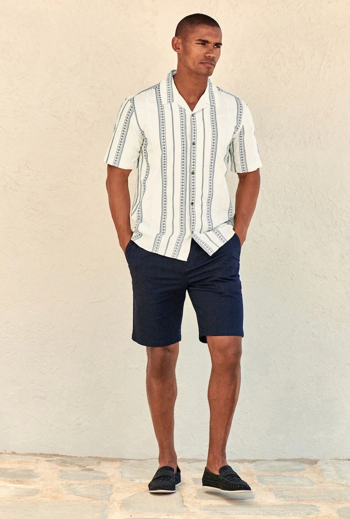 Next Ecru/Blue Textured Short Sleeve Stripe Shirt With Cuban Collar