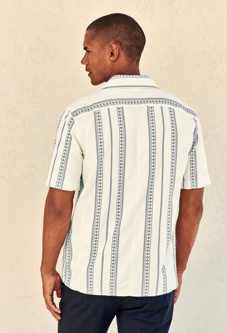 Next Ecru/Blue Textured Short Sleeve Stripe Shirt With Cuban Collar