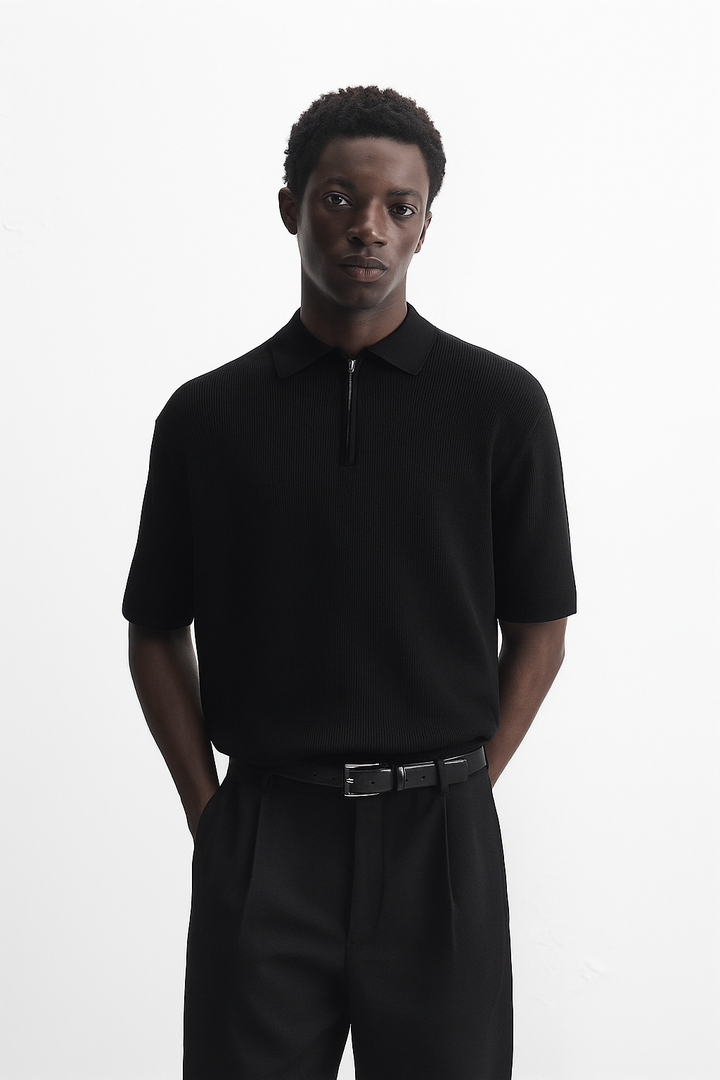 Garm Island Half Zip Textured Knit Polo in Black