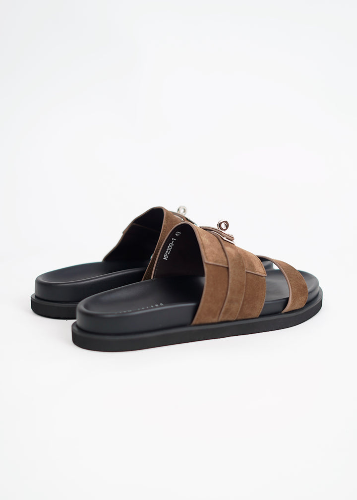 Garm Island Suede Strap Slide Sandals in Brown