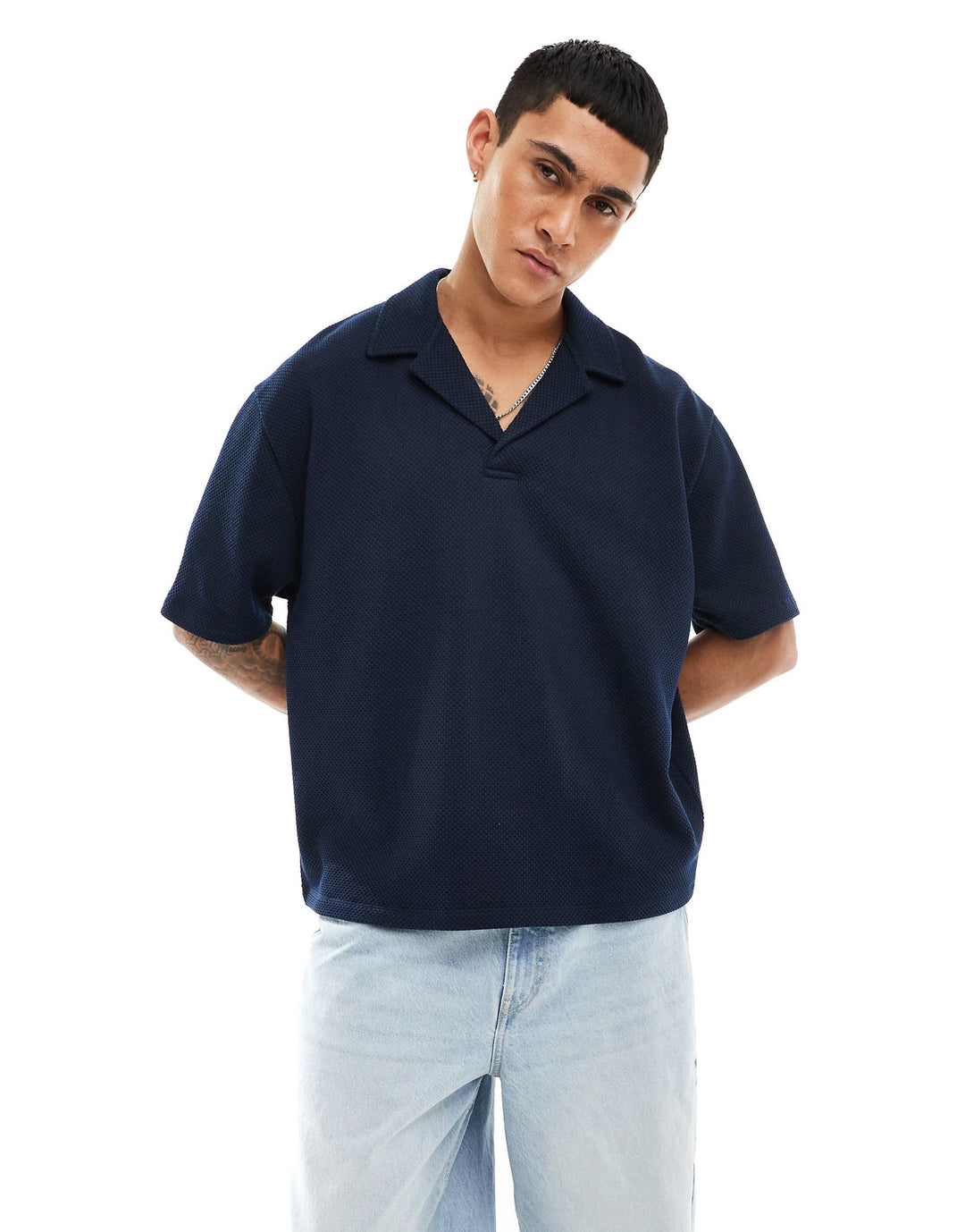 Garm Island Oversized Textured Knit Polo in Navy