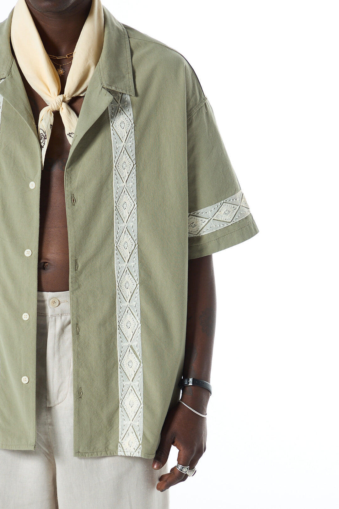 Vamos Embroidered Detailed Oversized Linen Shirt in Green