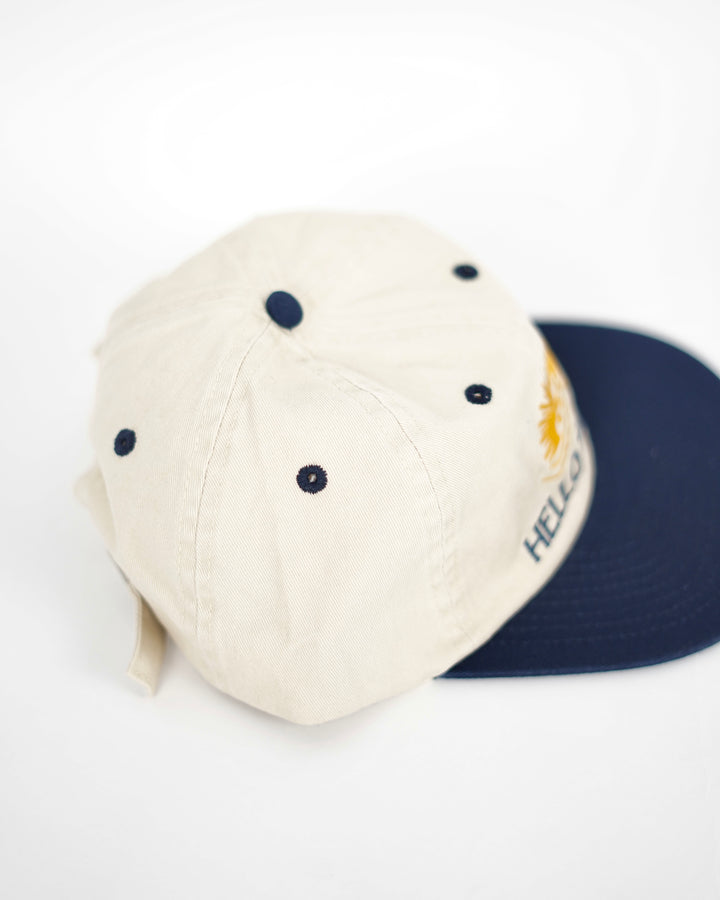 Hello Sun Embroidered Flat Brim Cap in Blue