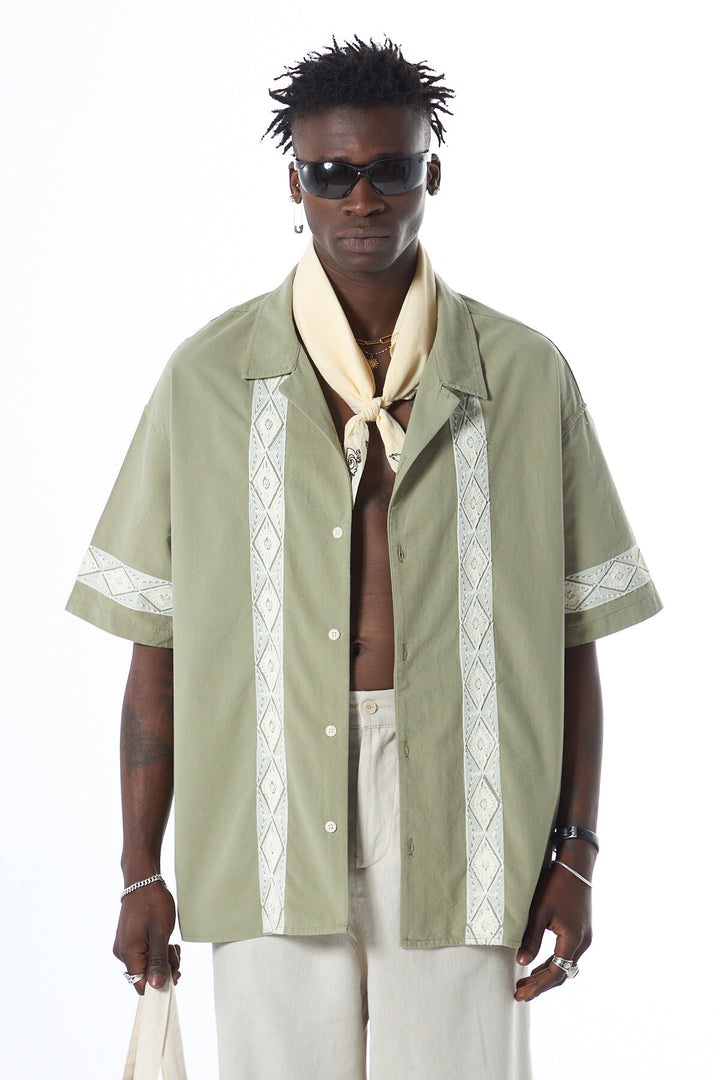 Vamos Embroidered Detailed Oversized Linen Shirt in Green