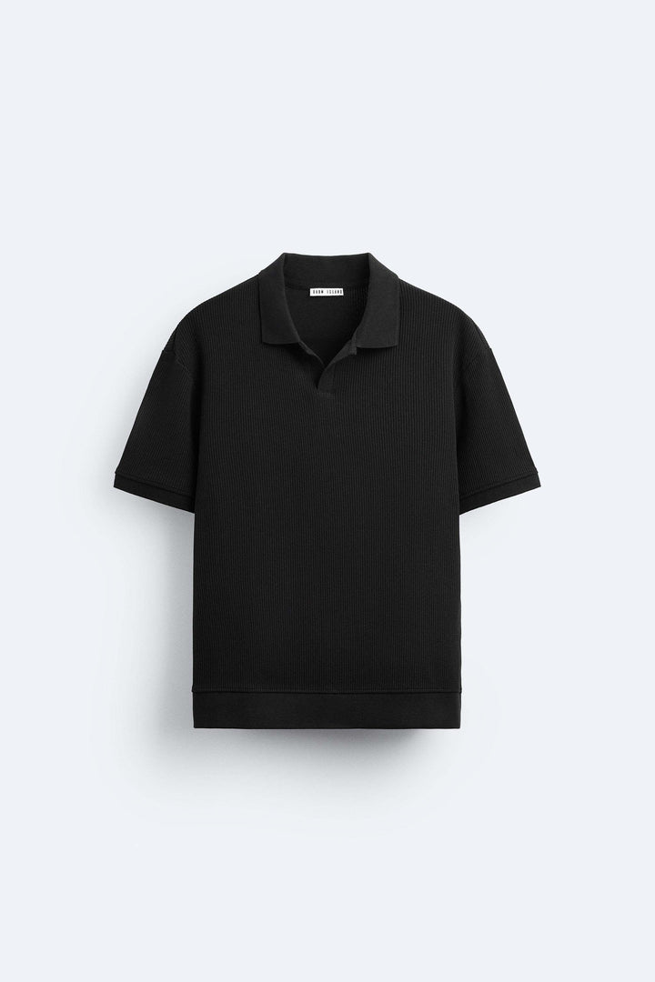 Garm Island Textured Knit Polo Shirt in Black