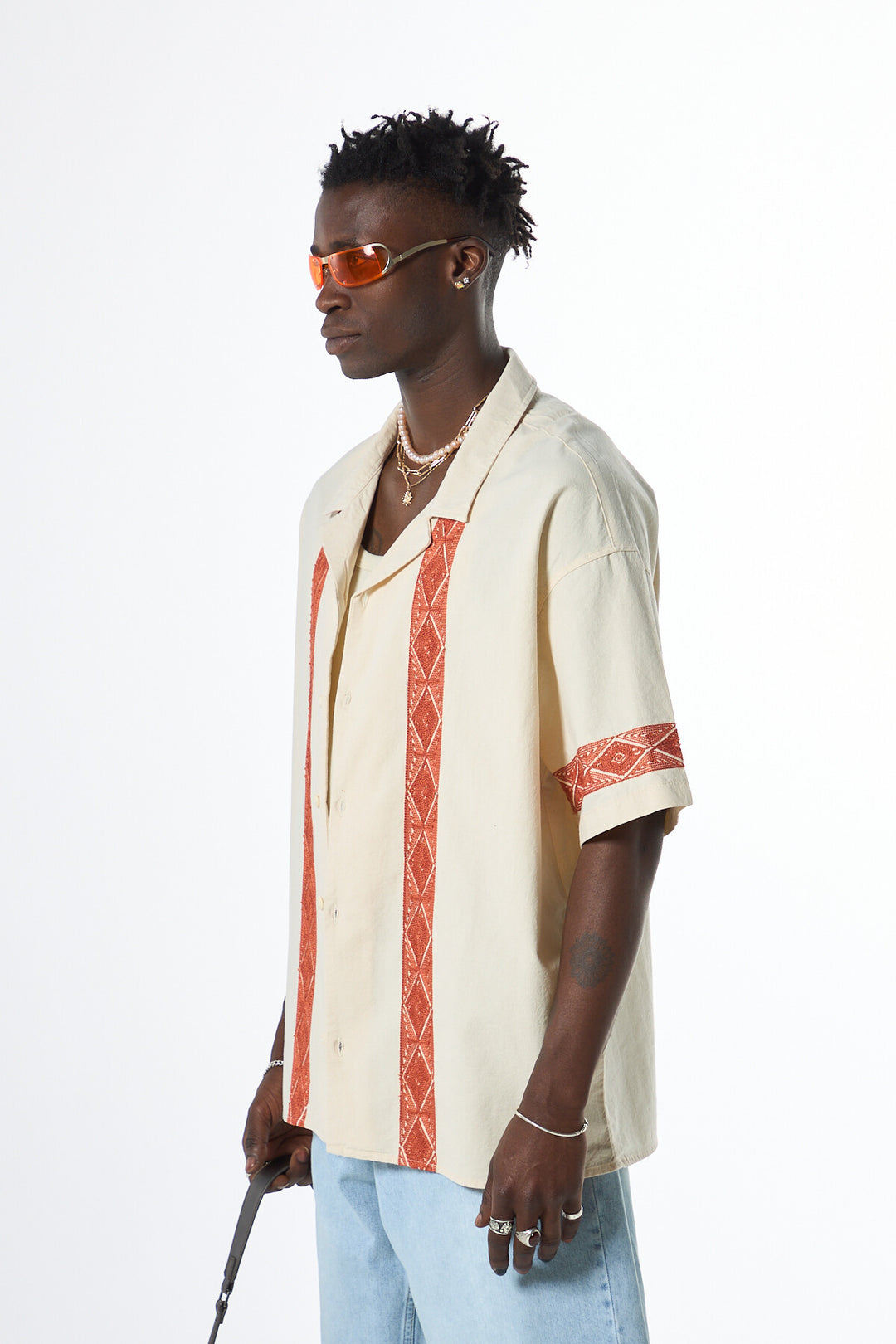 Vamos Embroidered Detailed Oversized Linen Shirt in Beige