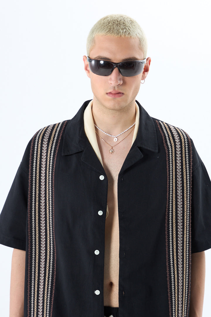 VAMOS EMBROIDERY DETAILED POCKETLESS SHORT SLEEVE OVERSIZE LINEN SHIRT BLACK