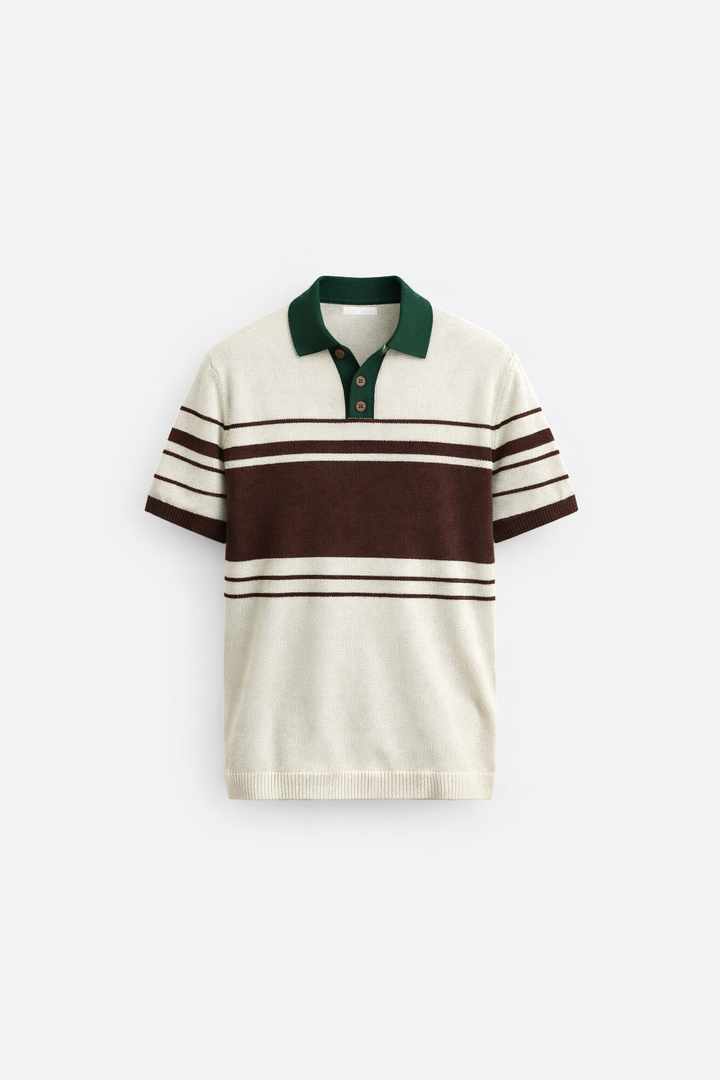 Garm Island Oversized Textured Knit Polo Shirt in brown/white