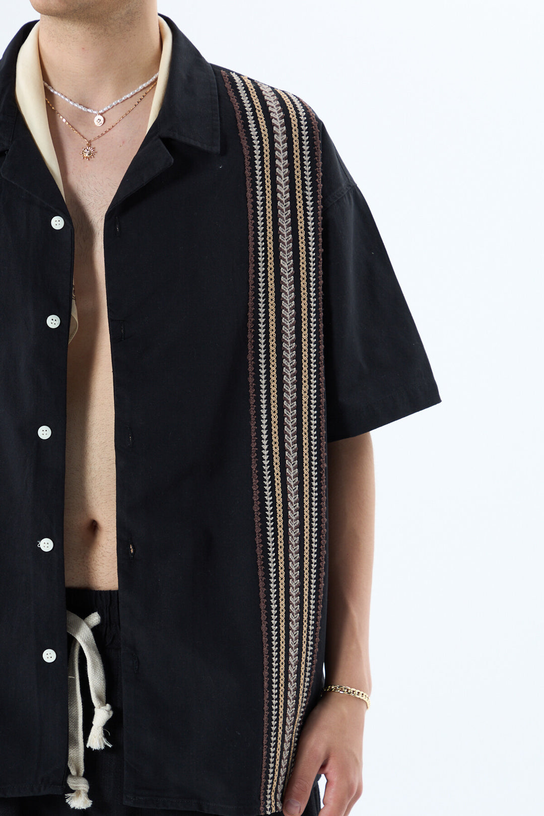 VAMOS EMBROIDERY DETAILED POCKETLESS SHORT SLEEVE OVERSIZE LINEN SHIRT BLACK