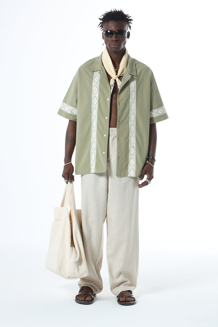 Vamos Embroidered Detailed Oversized Linen Shirt in Green