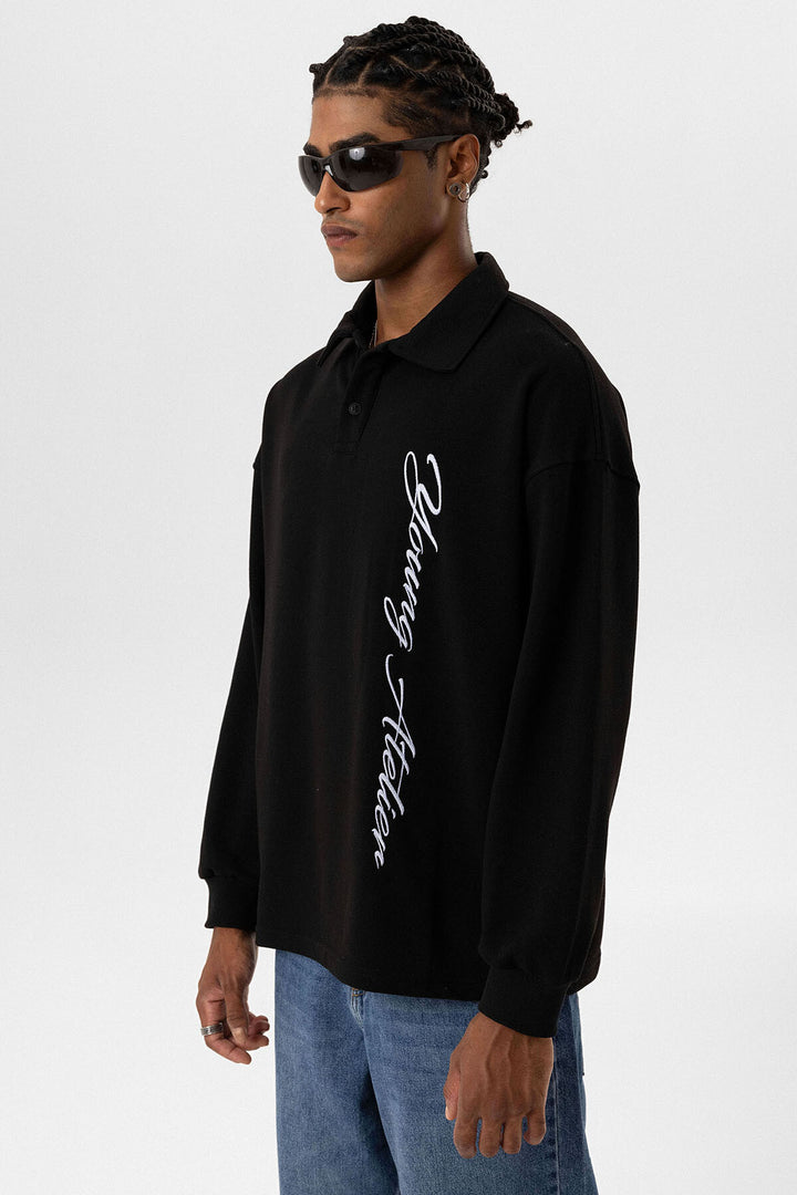 VAMOS POLO COLLAR LETTER DETAILED OVERSIZE SWEATSHIRT BLACK