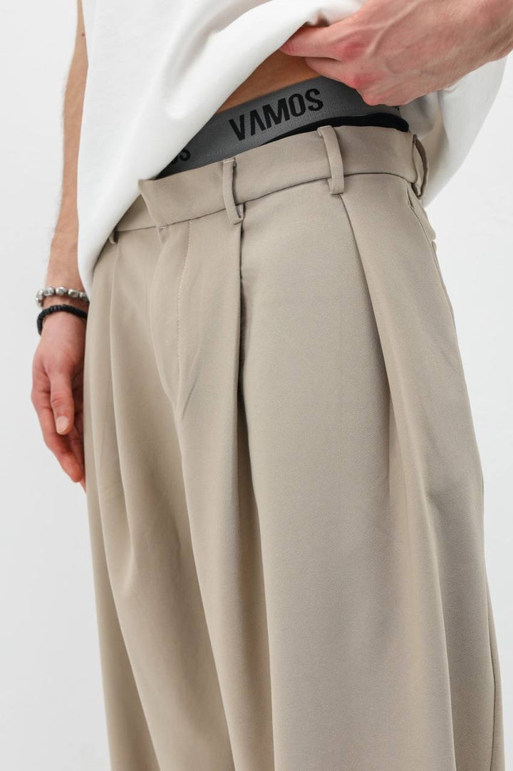 Vamos Wide-Leg Pleated Pants in Khaki
