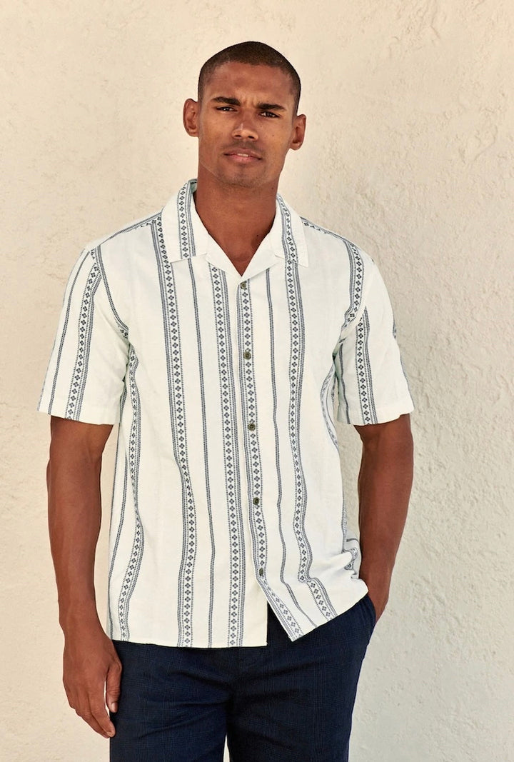 Next Ecru/Blue Textured Short Sleeve Stripe Shirt With Cuban Collar