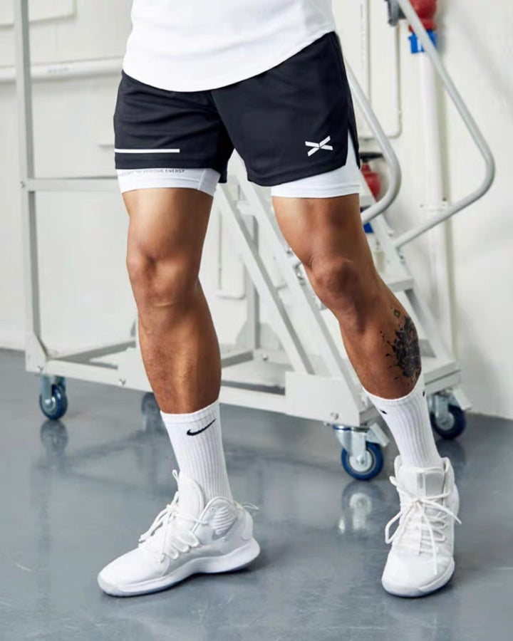 Sports double layered compression shorts in black and white