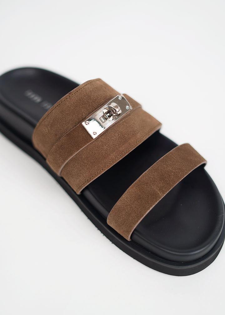 Garm Island Suede Strap Slide Sandals in Brown