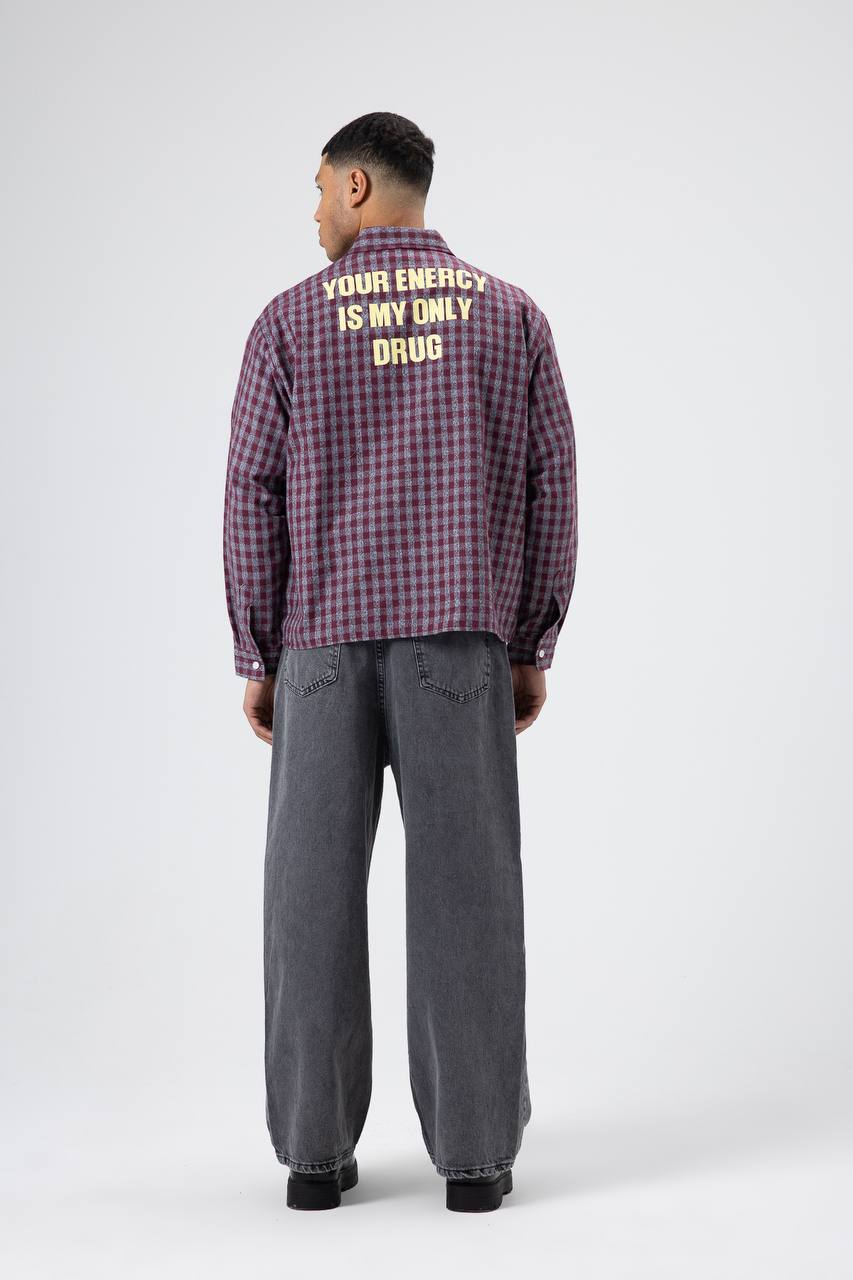 Essence of Life Check Embroidery Cropped Detail Overshirt in Burgundy
