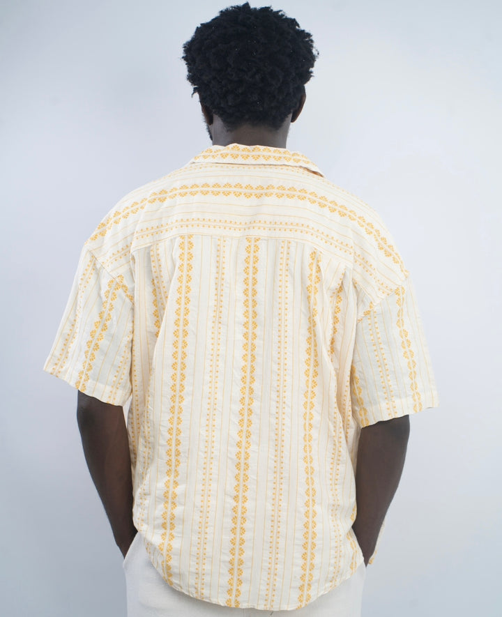 Giesto Striped oversized linen revere shirt in ecru/yellow