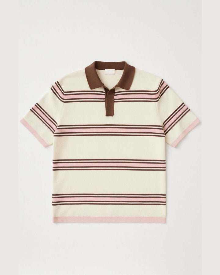 Garm Island Striped Textured Knit Polo Shirt in Pink and Brown