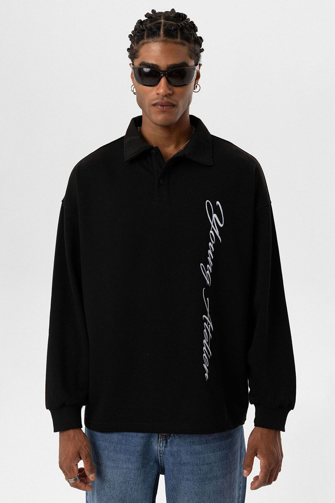 VAMOS POLO COLLAR LETTER DETAILED OVERSIZE SWEATSHIRT BLACK