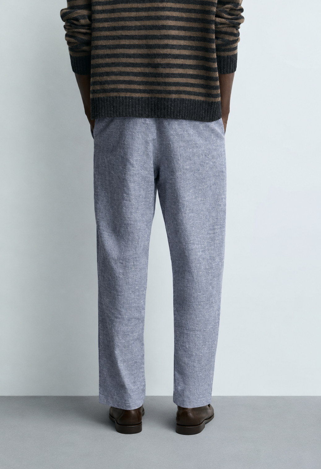 H&M COTTON/LINEN RELAXED FIT TROUSERS IN DENIM DARK BLUE