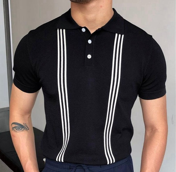 Knitted vintage pin striped polo shirt in black