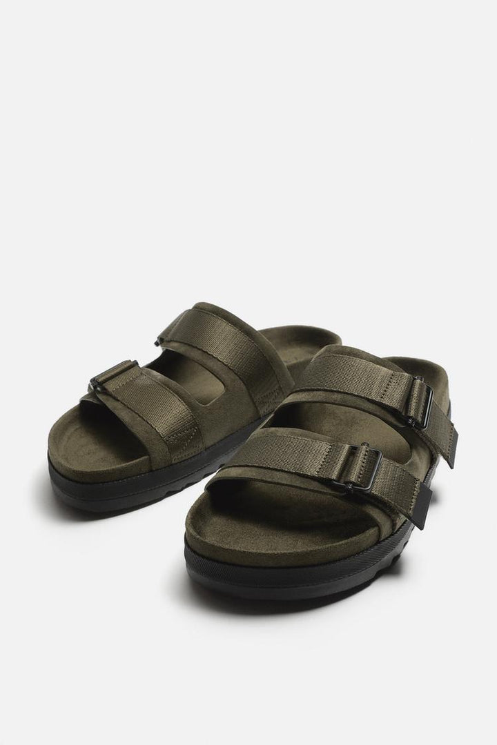 ZARA DOUBLE STRAP LEATHER SANDALS IN GREEN