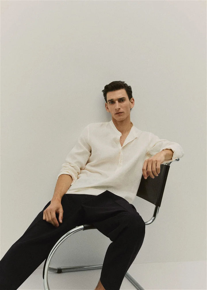 Retro Club Linen Tab Collar Long Sleeve T-shirt in off white