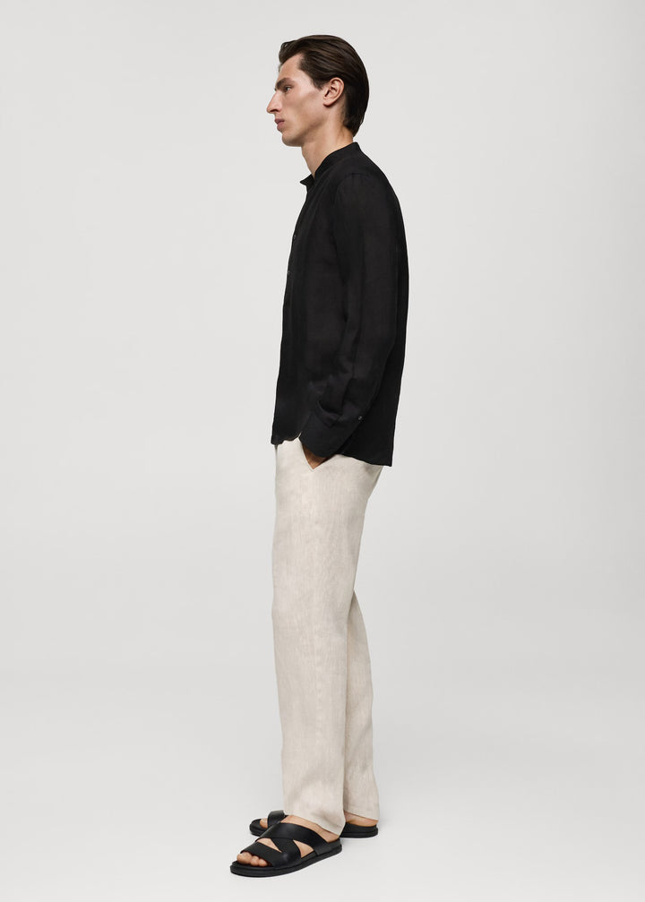 Retro Club Linen Tab Collar Long Sleeve T-shirt in Black
