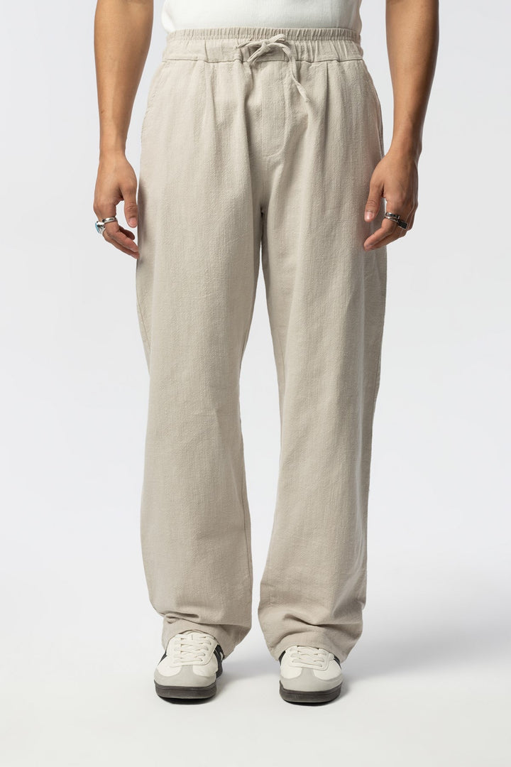 H&M COTTON/LINEN RELAXED FIT TROUSERS IN SAND