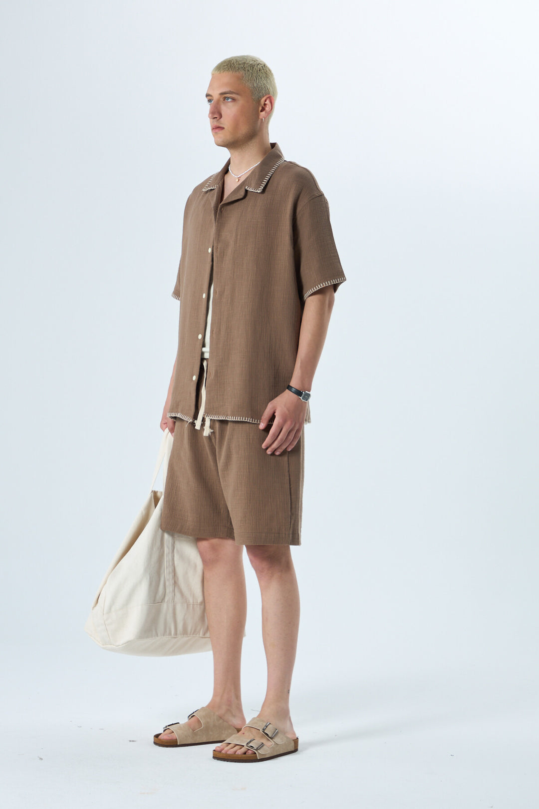 VAMOS SEWING DETAILED OVERSIZE MUSLIN LINEN SHORTS SET BROWN