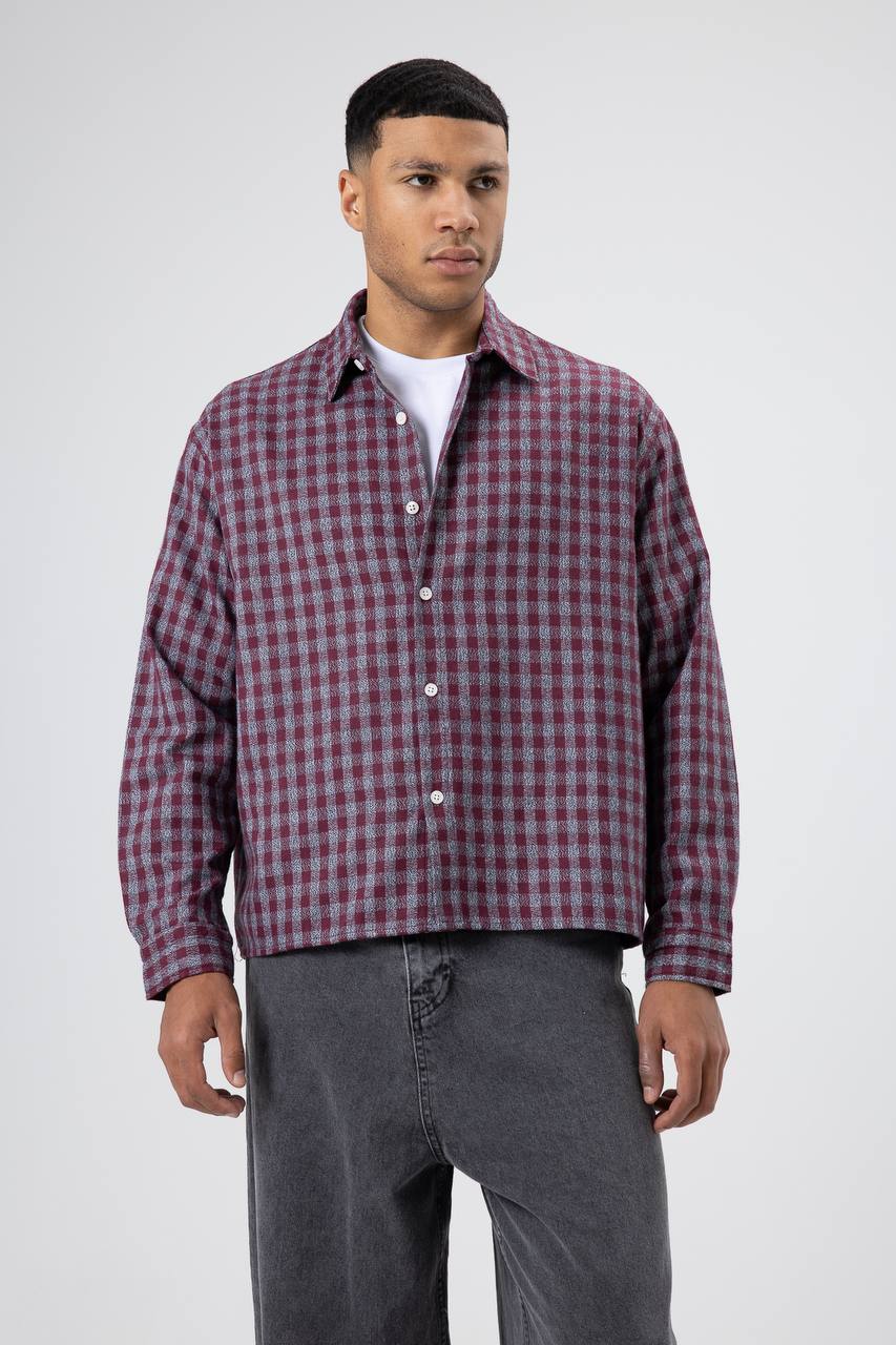 Essence of Life Check Embroidery Cropped Detail Overshirt in Burgundy