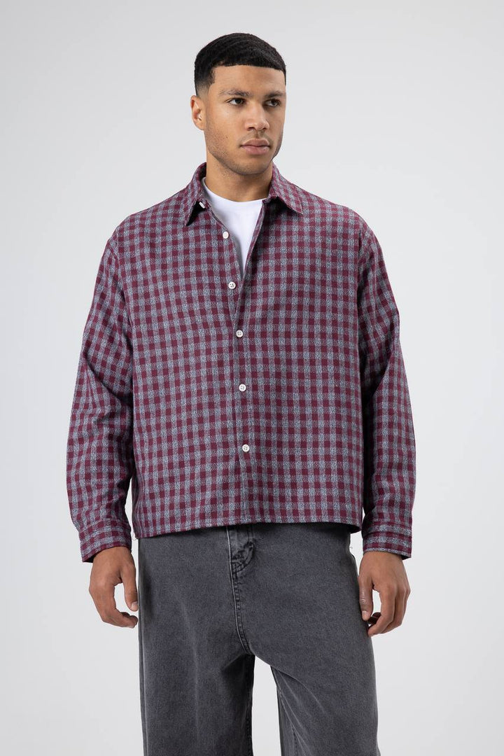 Essence of Life Check Embroidery Cropped Detail Overshirt in Burgundy