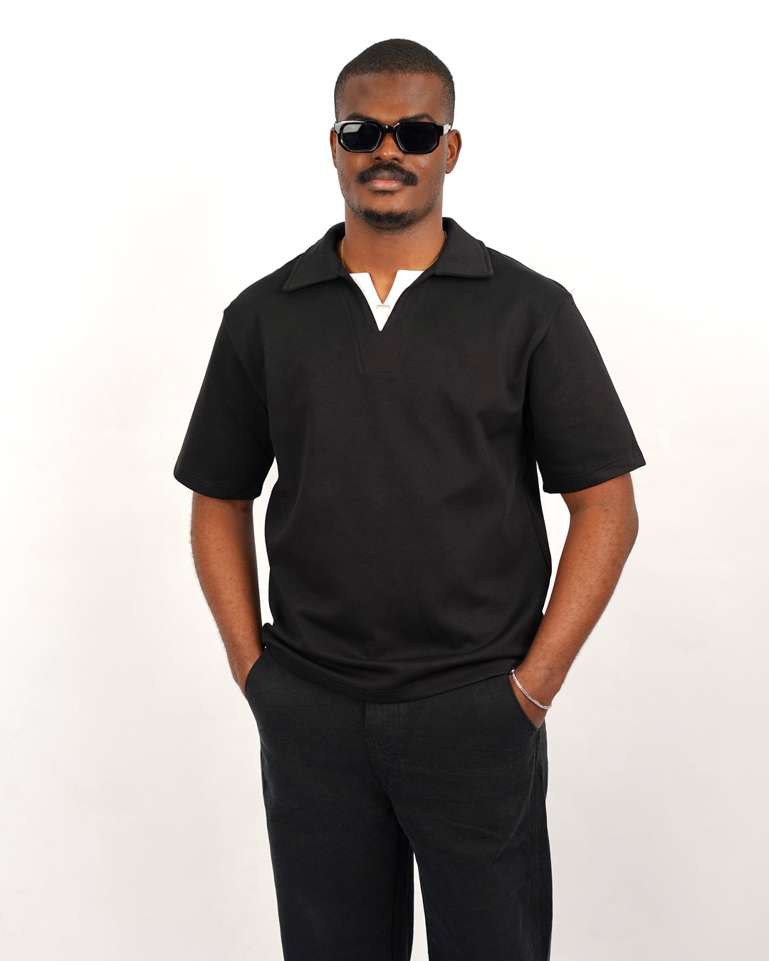 M Studios V neck Polo Shirt in Black