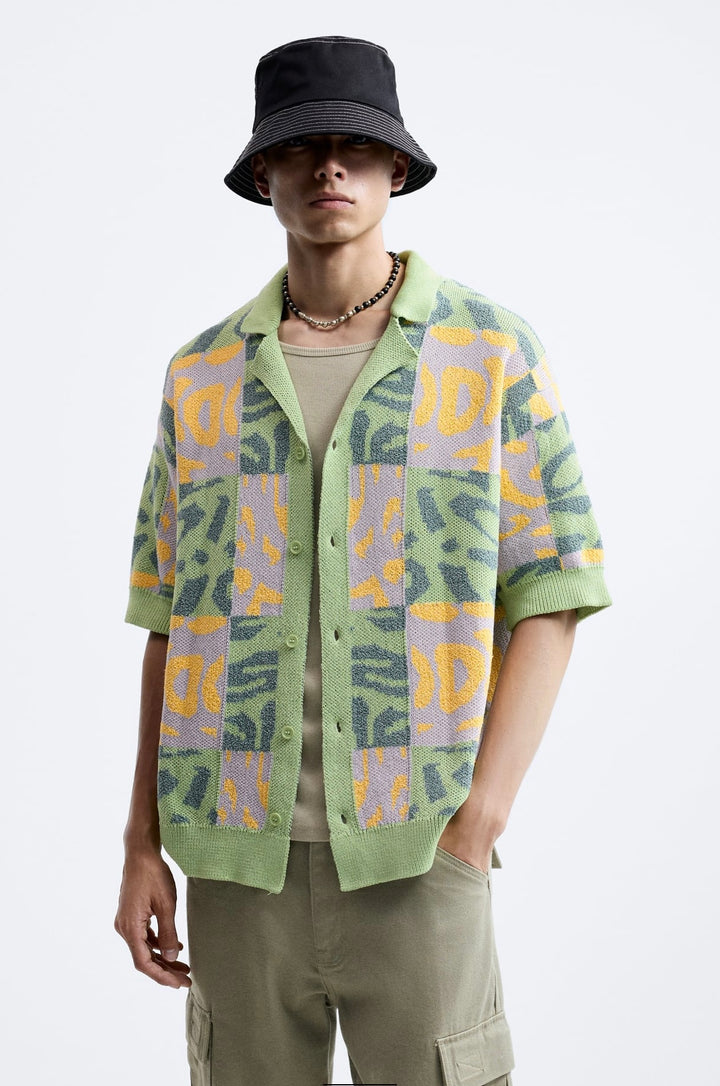 ZARA PATCHWORK JACQUARD KNIT SHIRT
