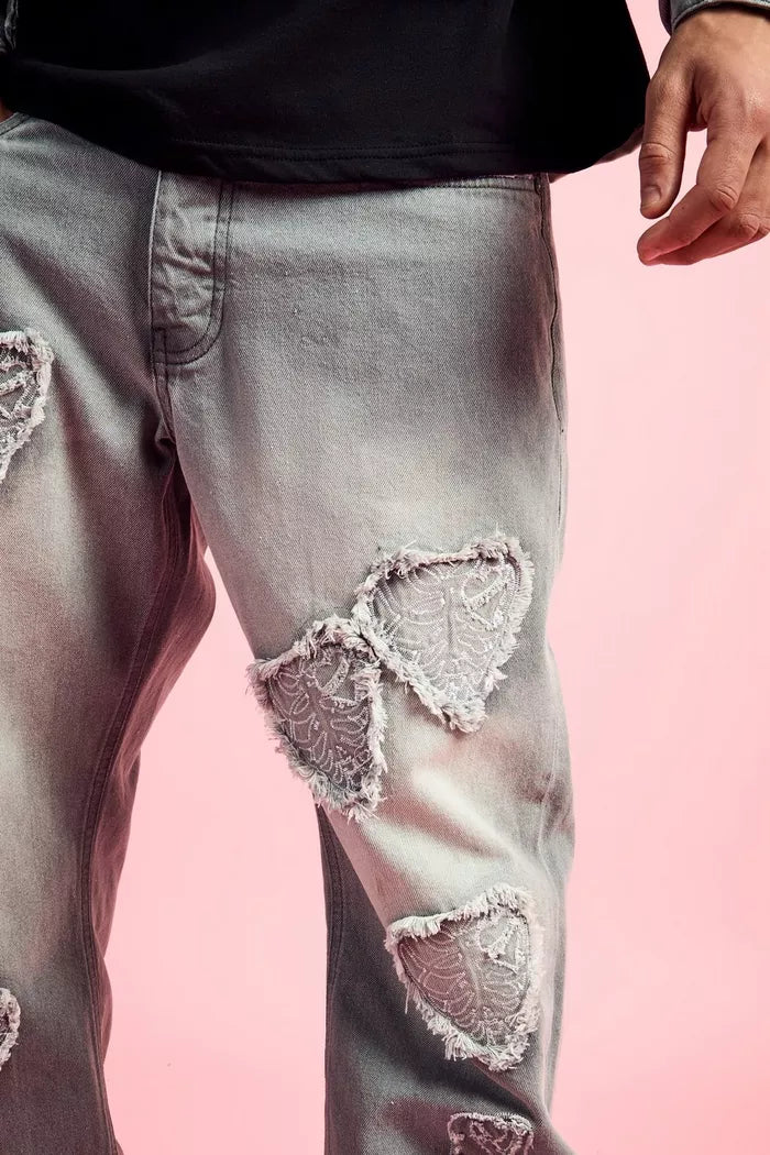 BOOHOOMAN RELAXED RIGID HEART APPLIQUE JEAN IN LIGHT GREY