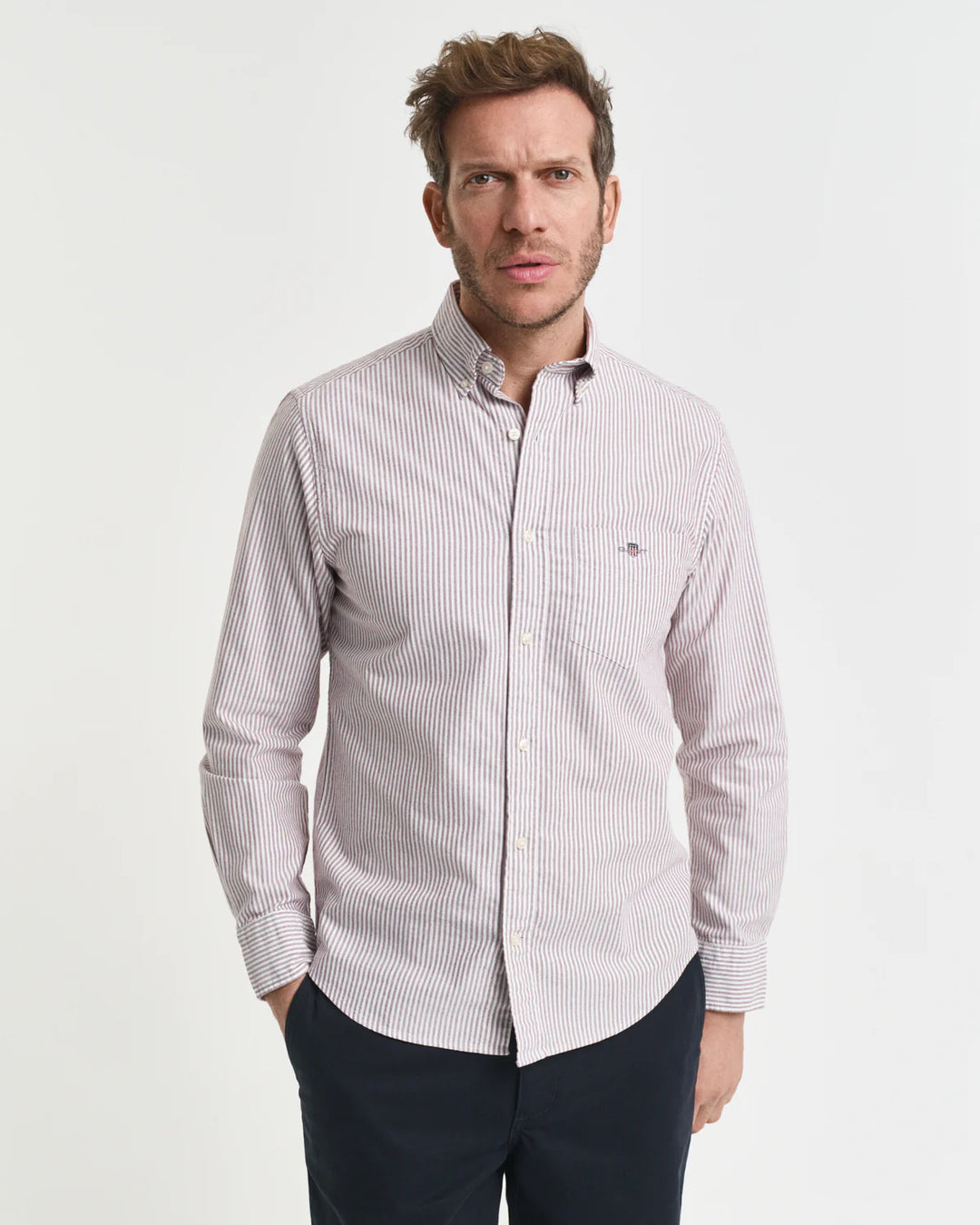 GANT Regular Fit Banker Stripe Classic Oxford Shirt in Red