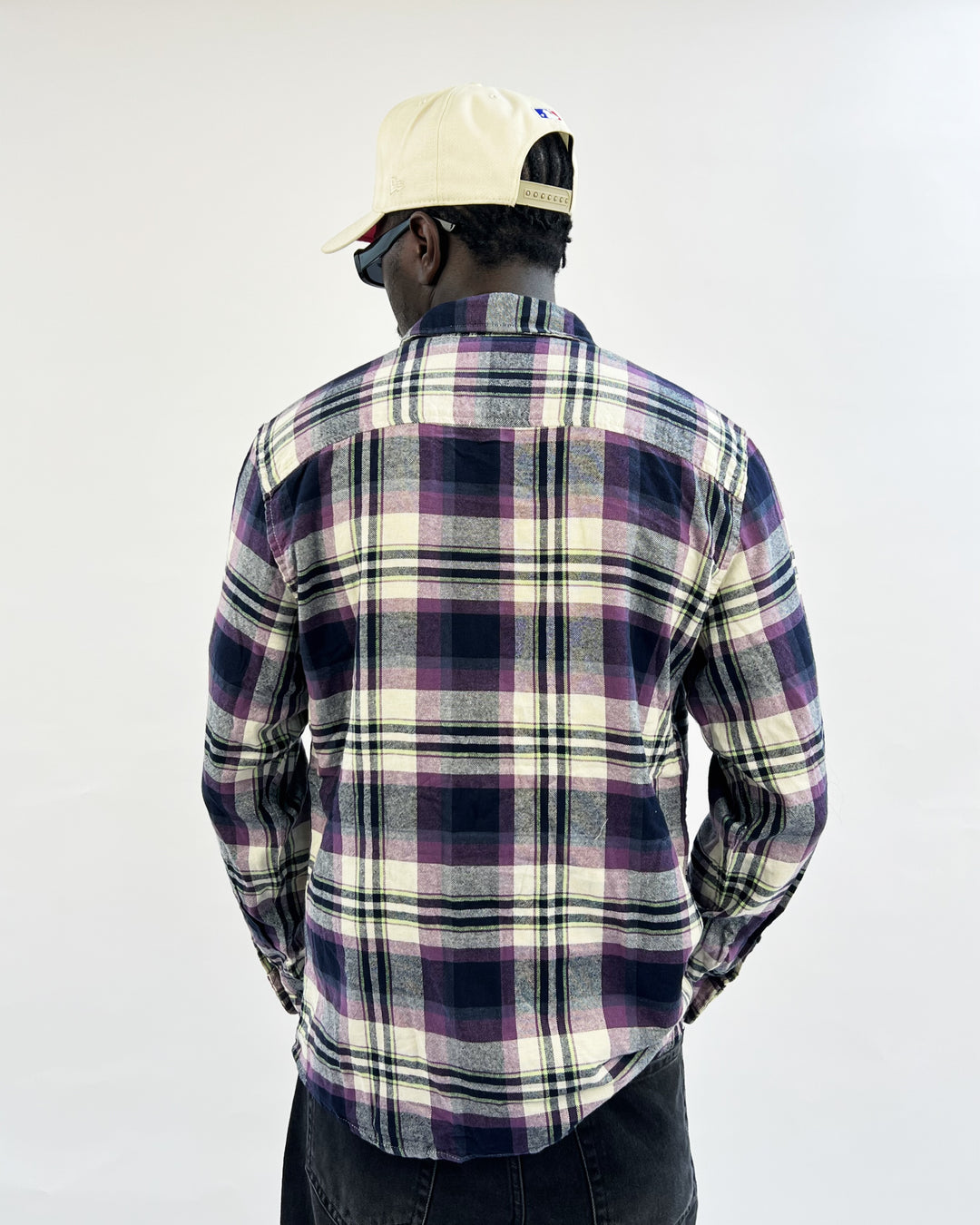 Colin’s plaid shirt in purple