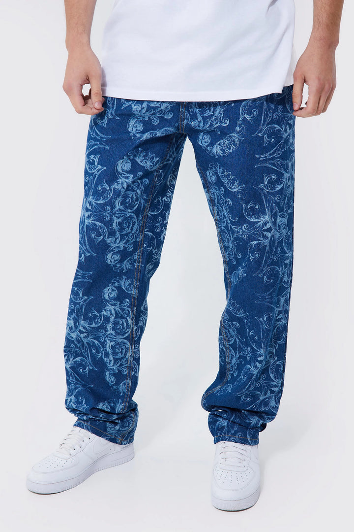 BOOHOOMAN TALL RELAXED FIT BAROQUE PRINT JEANS
