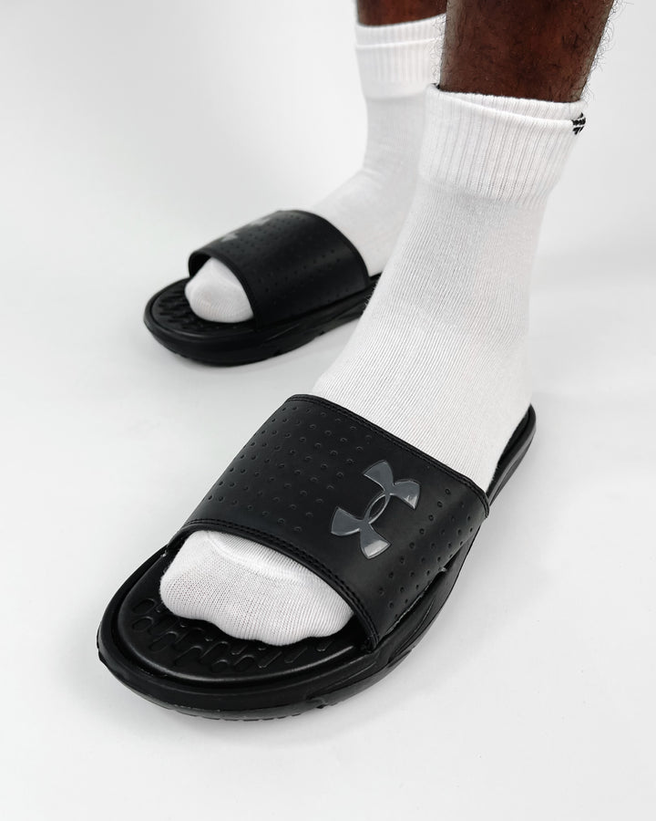 Under Amour Playmaker Slides in all black