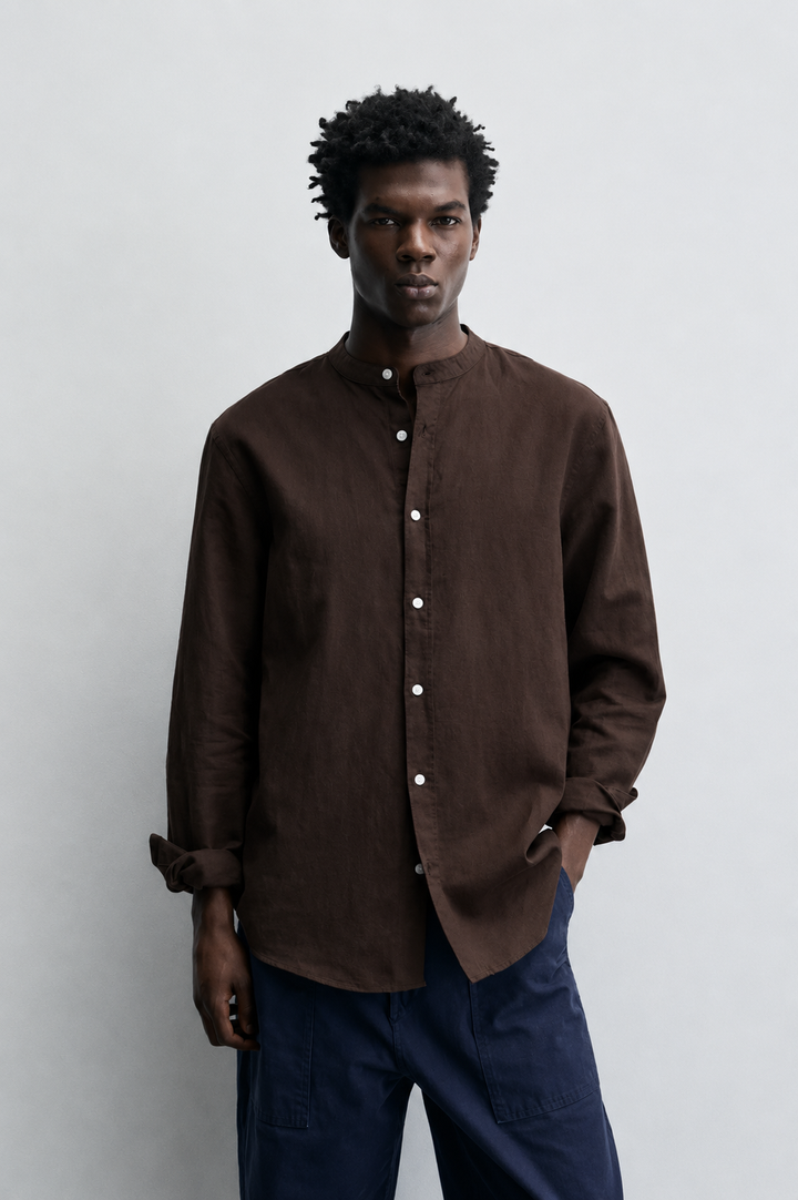 Garm Island Linen Tab Collar Button Down Shirt in Brown