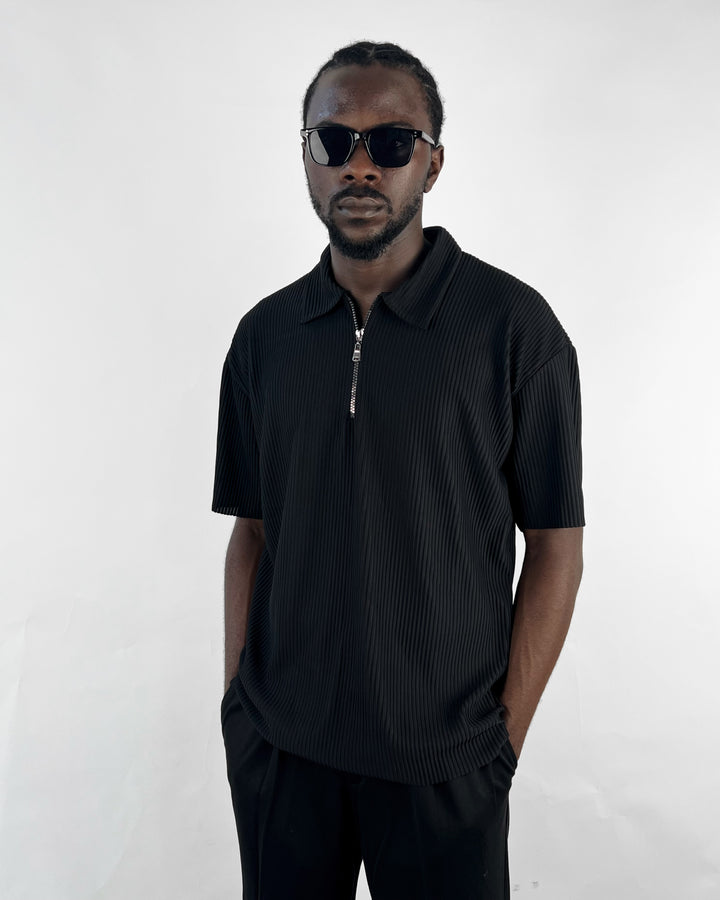 Oversized ribbed polo shirt in black