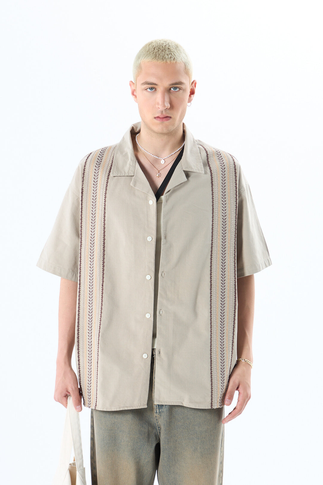 VAMOS EMBROIDERY DETAILED POCKETLESS SHORT SLEEVE OVERSIZE LINEN SHIRT KHAKI