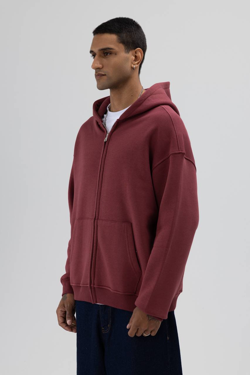 Essence of Life Heavyweight Zip through Hoodie in Burgundy