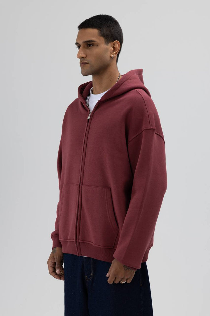 Essence of Life Heavyweight Zip through Hoodie in Burgundy